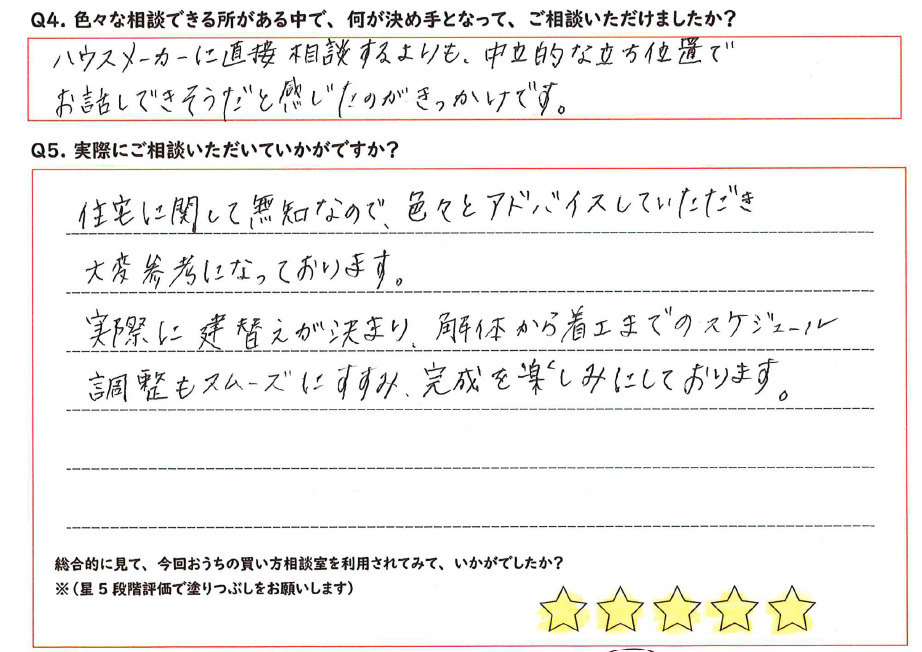 中立的なアドバイスが決め手に。無知からのスタートでも、納得の建て替えが実現しました